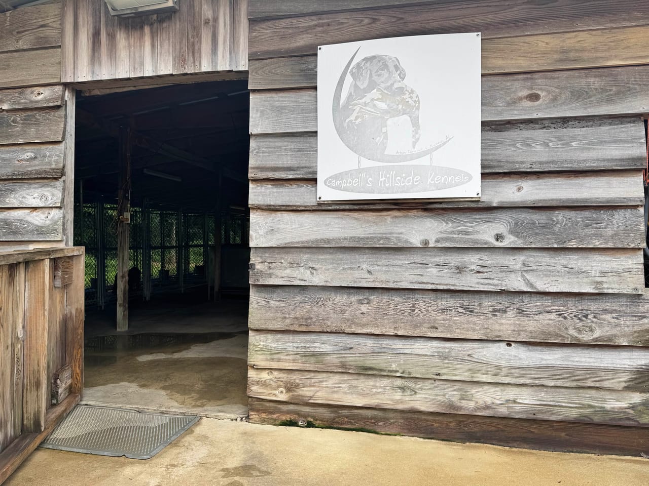 Front of the gundog training barn at Campbell's Hillside Kennels, Fosters AL