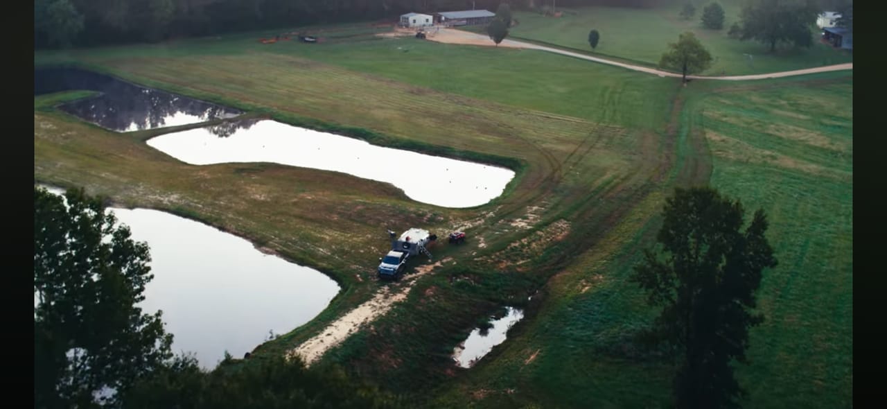 Aerial view of the training ponds and grounds at Campbell's Hillside Kennels in west Alabama