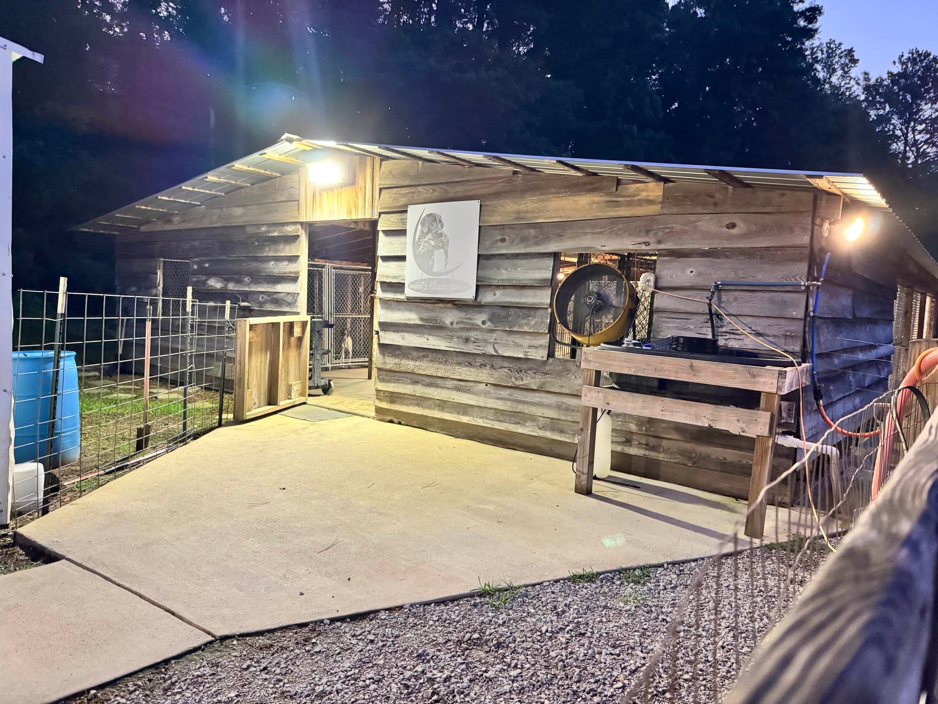 Training barn and grounds at Campbell's Hillside Kennels in Fosters, Alabama